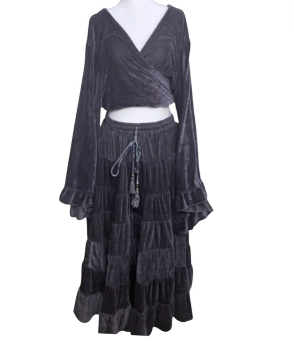 Karma Nepal Craft Boho Style Flowy Velvet Skirt Set with Ruffle Grey Purple